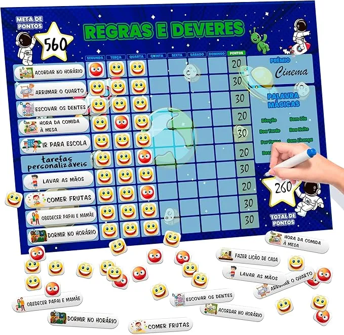 Quadro de Rotina Infantil - Quadro de Incentivo - Quadro de Tarefas - Quadro de recompensa - Regras e Deveres 30x40 cm Magnético com Caneta com 124 tags inclusas para Parede (Astronauta)
