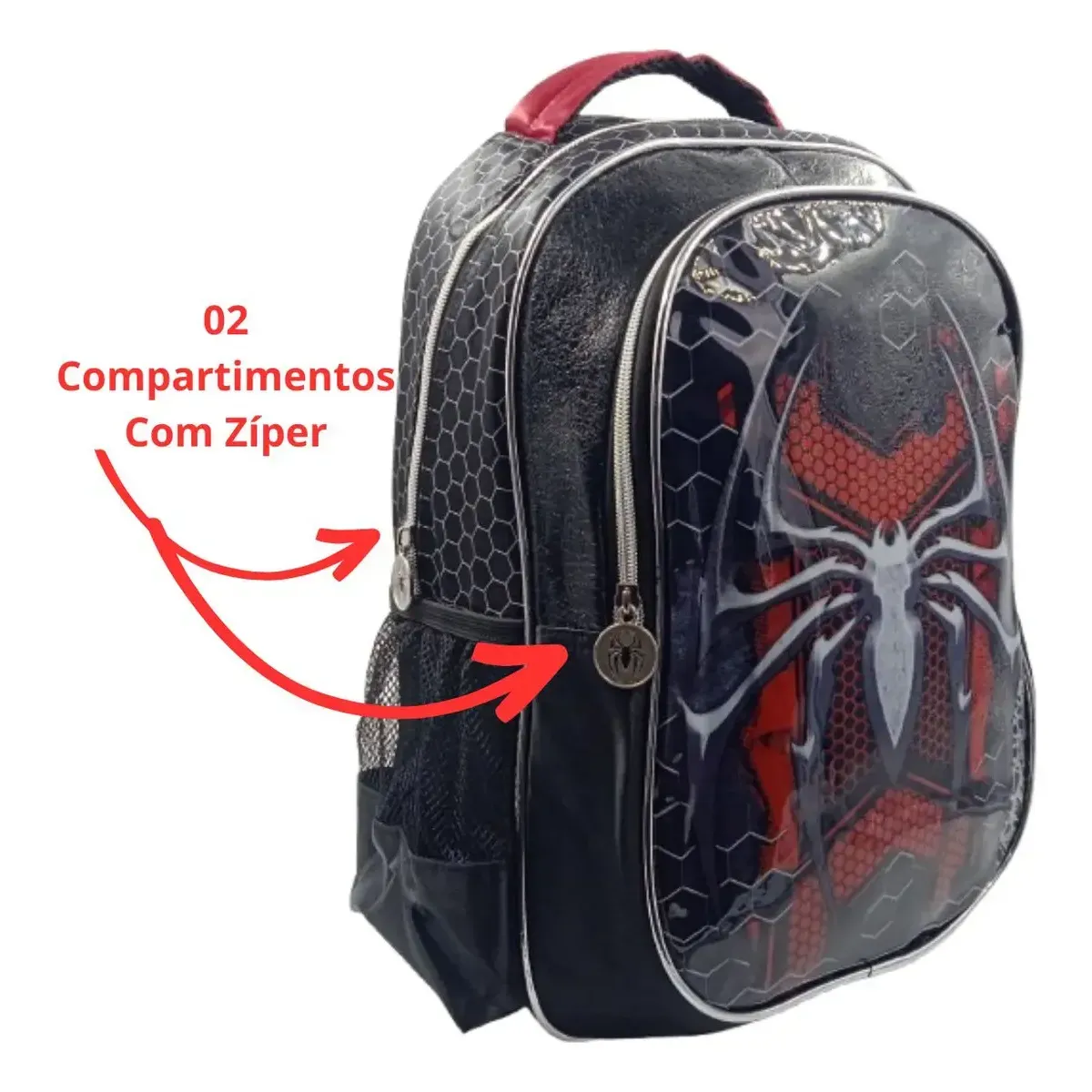 Mochila Escolar Menino Denlex Aranha Cor Preto 17L Zíper 5 Bolsos — foto 2 de 8