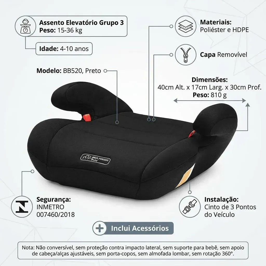 Assento de Carro Infantil Elevação Booster BB520 15 à 36kgs Preto MultiKids — foto 4 de 8