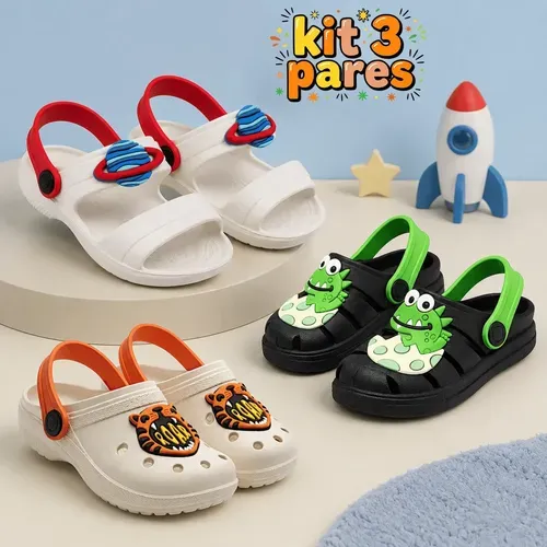 Kit 3 Pares Sandália Infantil Menino Papete Leve Personagens