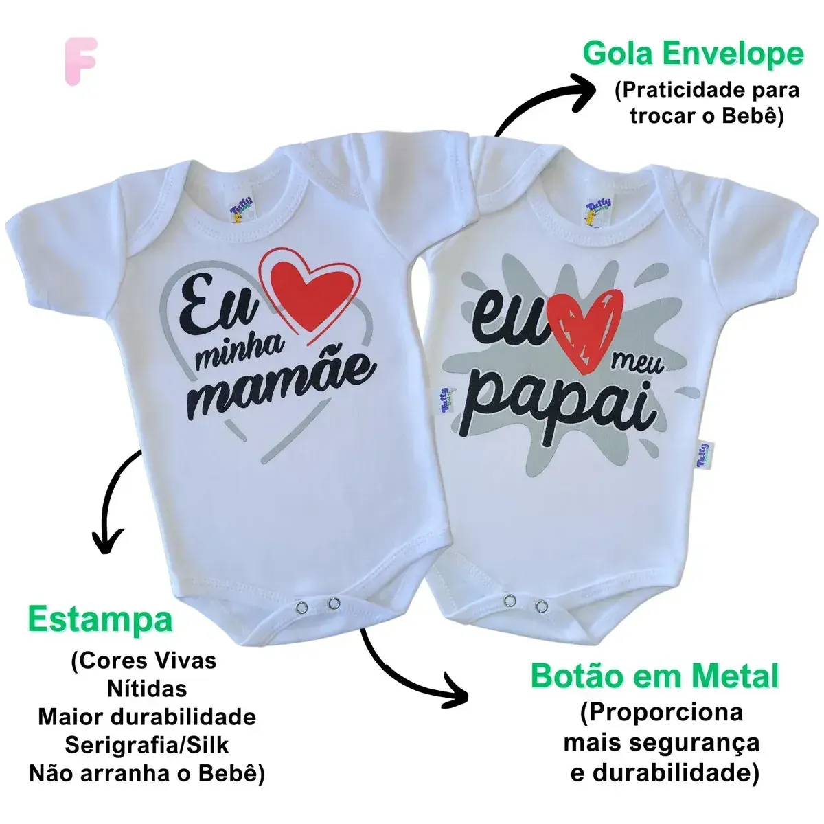 Body Bebê Frase Eu Amo Papai Mamãe 100% Algodão Kit 2pç Cor Branco Tamanho P - 0 a 3 meses — foto 6 de 8