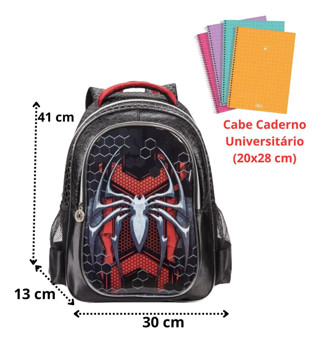 Mochila Escolar Menino Denlex Aranha Cor Preto 17L Zíper 5 Bolsos — foto 5 de 8