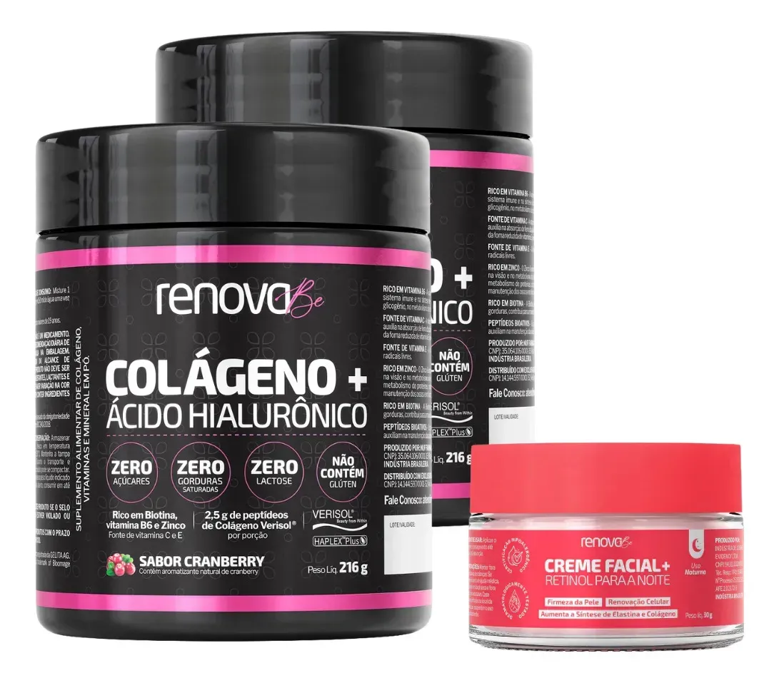 Kit 2x Colágeno + Ácido Hialurônico Verisol Renova Be Colágeno Hidrolisado Zero Lactose Vitaminas E, C, B6 Biotina e Zinco + Creme — foto 3 de 7