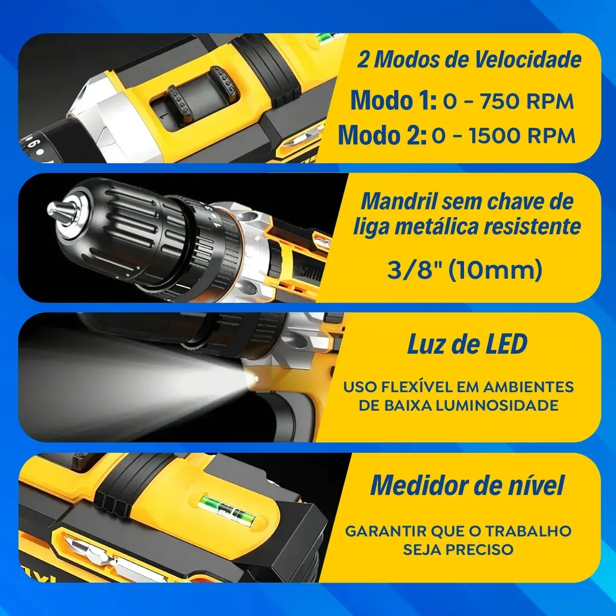 Parafusadeira Furadeira C/ 2 Baterias Maleta Kit Completo Led Eixo Flexível Vários Níveis Torque Simake — foto 6 de 7
