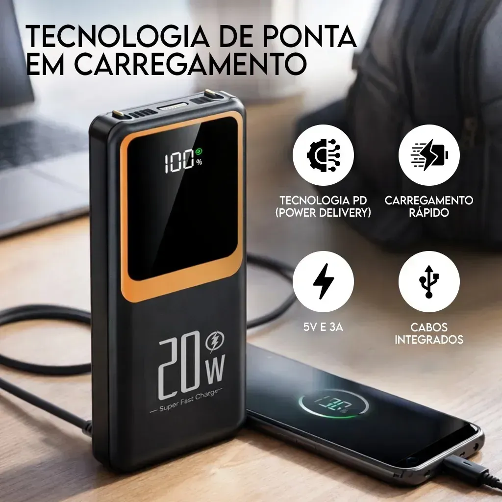 Carregador Portátil Power Bank Turbo 20000mah 22.5w Universal Para iPhone Samsung Motorola Xiaomi Com Display Digital Preto ou Branco- Hardline — foto 6 de 8