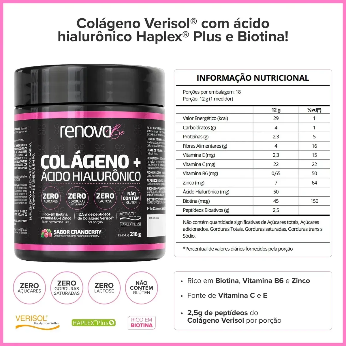 Kit 2x Colágeno + Ácido Hialurônico Verisol Renova Be Colágeno Hidrolisado Zero Lactose Vitaminas E, C, B6 Biotina e Zinco + Creme — foto 7 de 7
