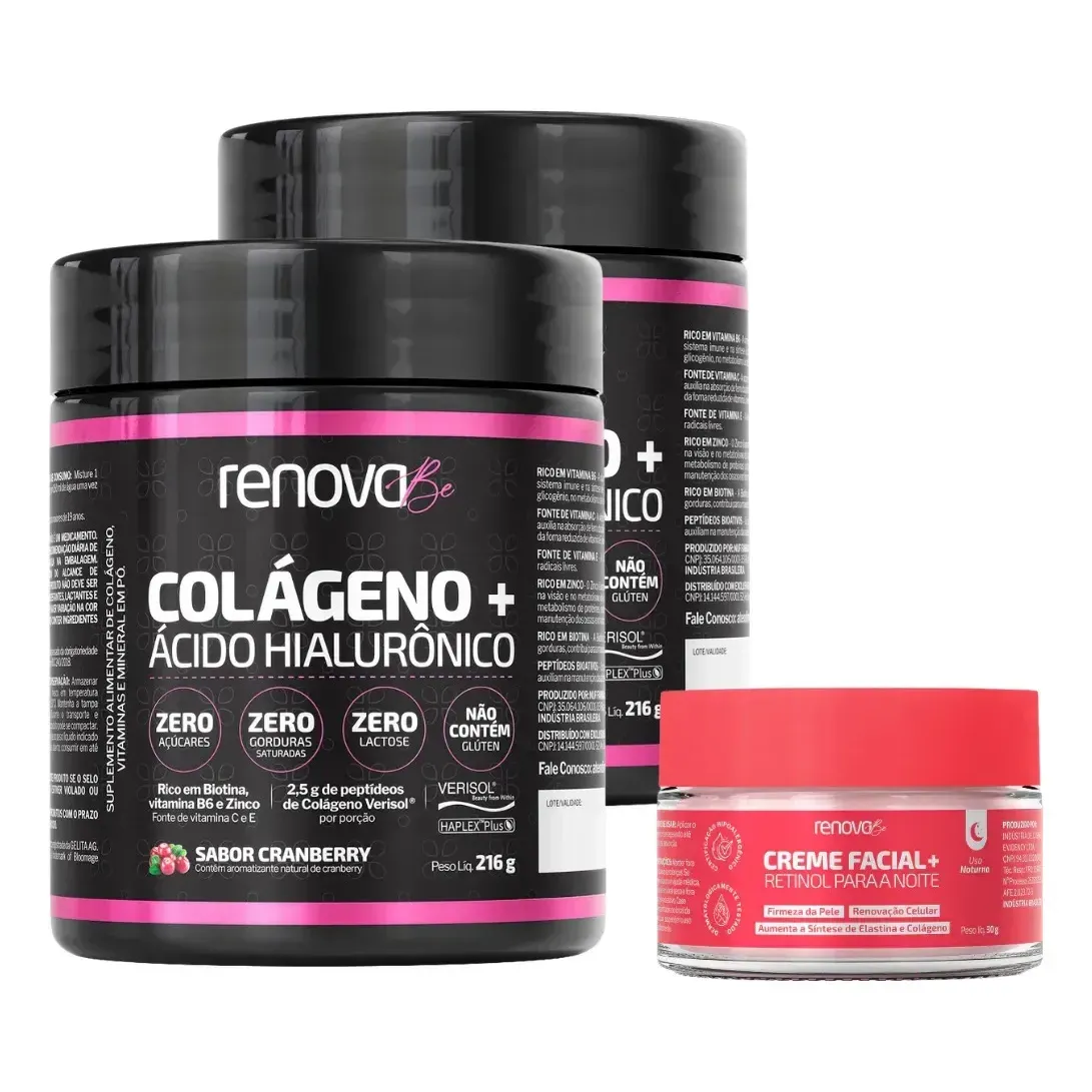 Kit 2x Colágeno + Ácido Hialurônico Verisol Renova Be Colágeno Hidrolisado Zero Lactose Vitaminas E, C, B6 Biotina e Zinco + Creme — foto 2 de 7