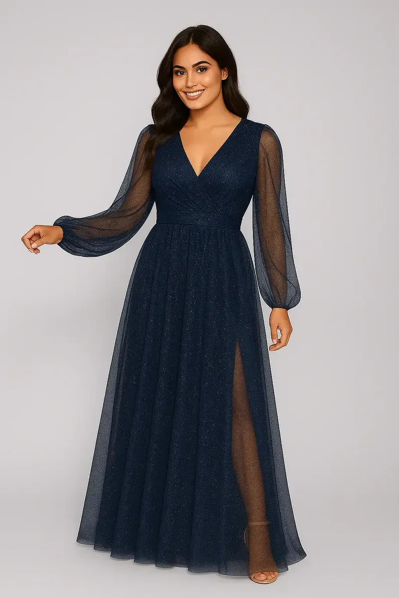 Vestido Longo Tule Brilho Com Manga E Fenda Casamento — foto 2 de 2