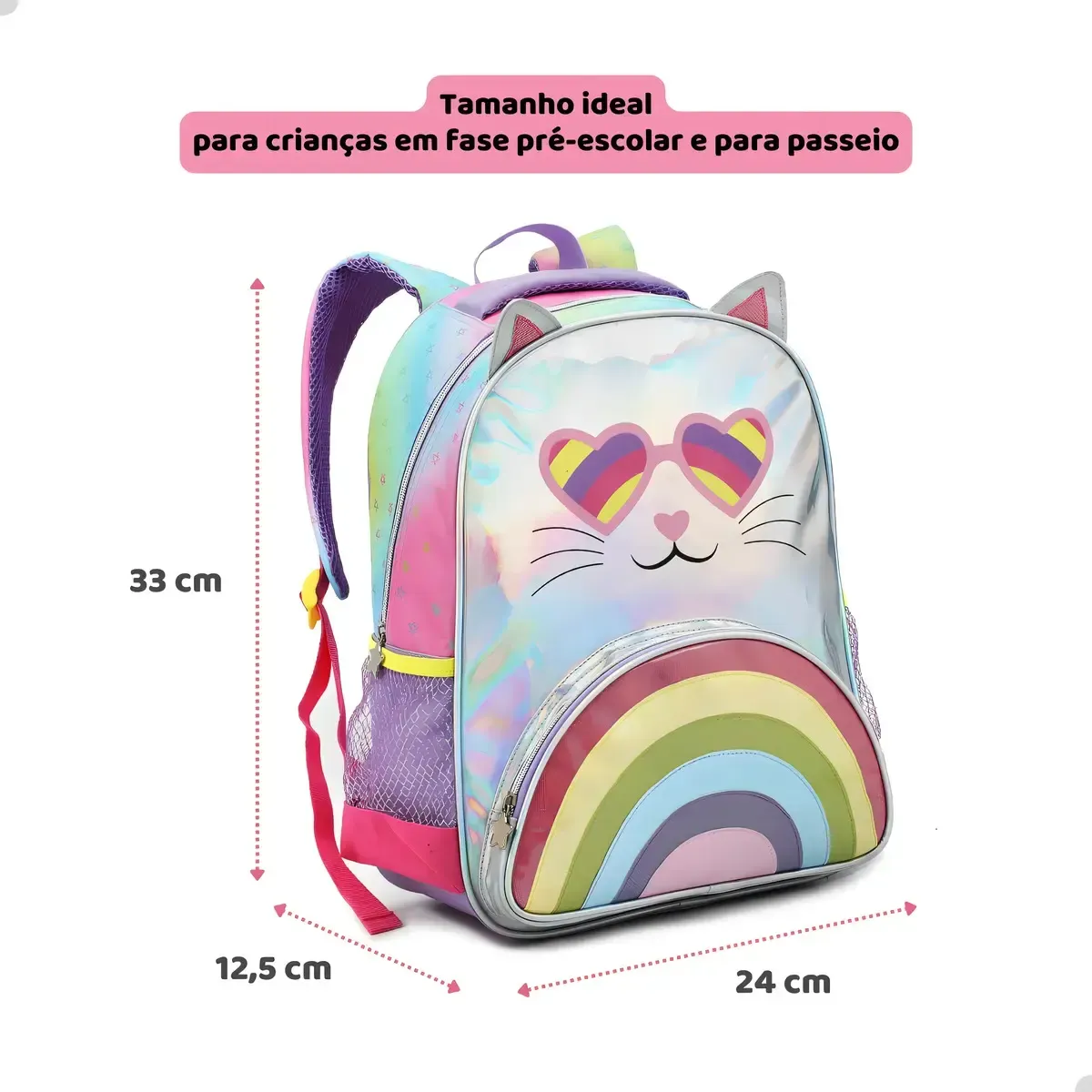 Mochila Escolar Menina Rosa Denlex Gatinha Holográfica Bolsos — foto 6 de 8