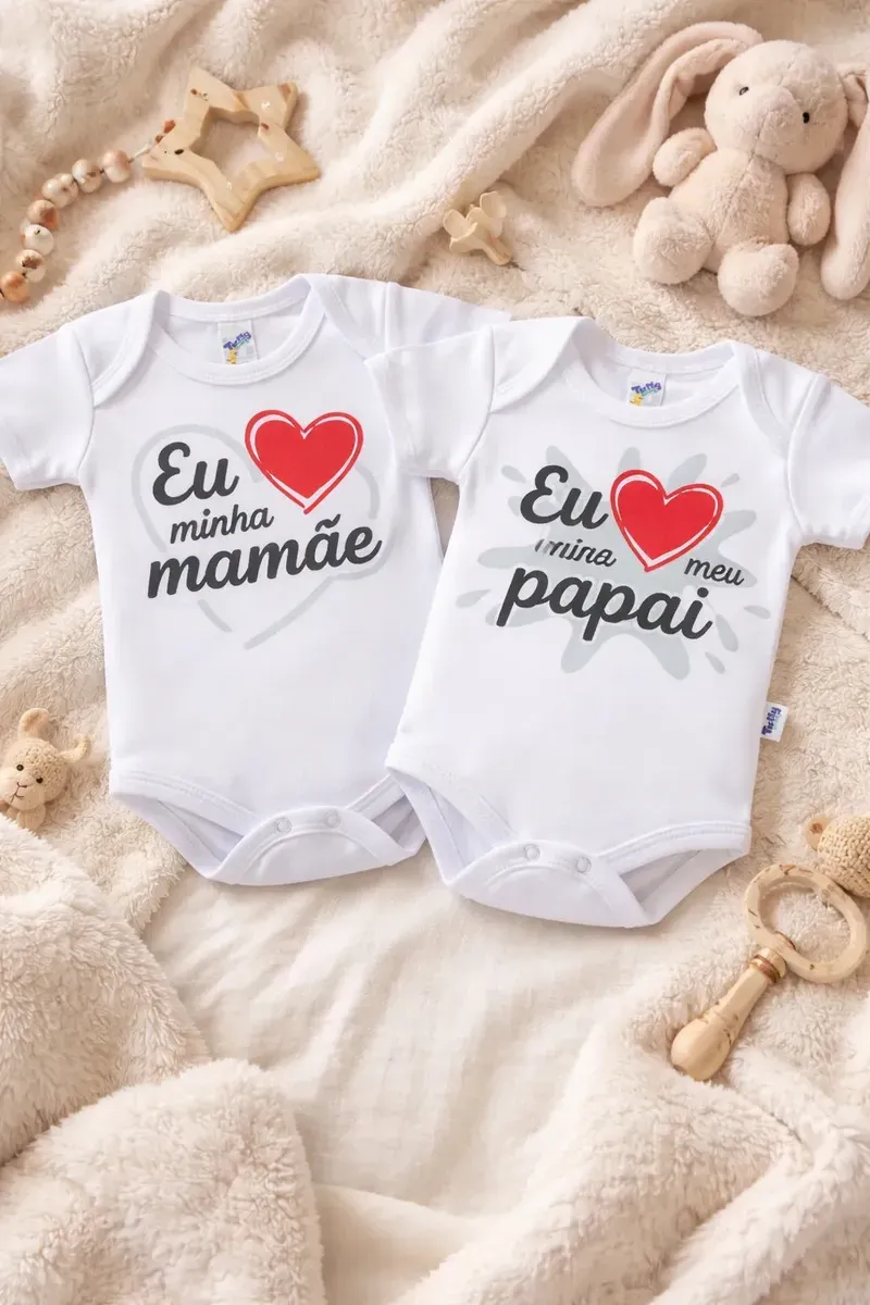 Body Bebê Frase Eu Amo Papai Mamãe 100% Algodão Kit 2pç Cor Branco Tamanho P - 0 a 3 meses — foto 3 de 8