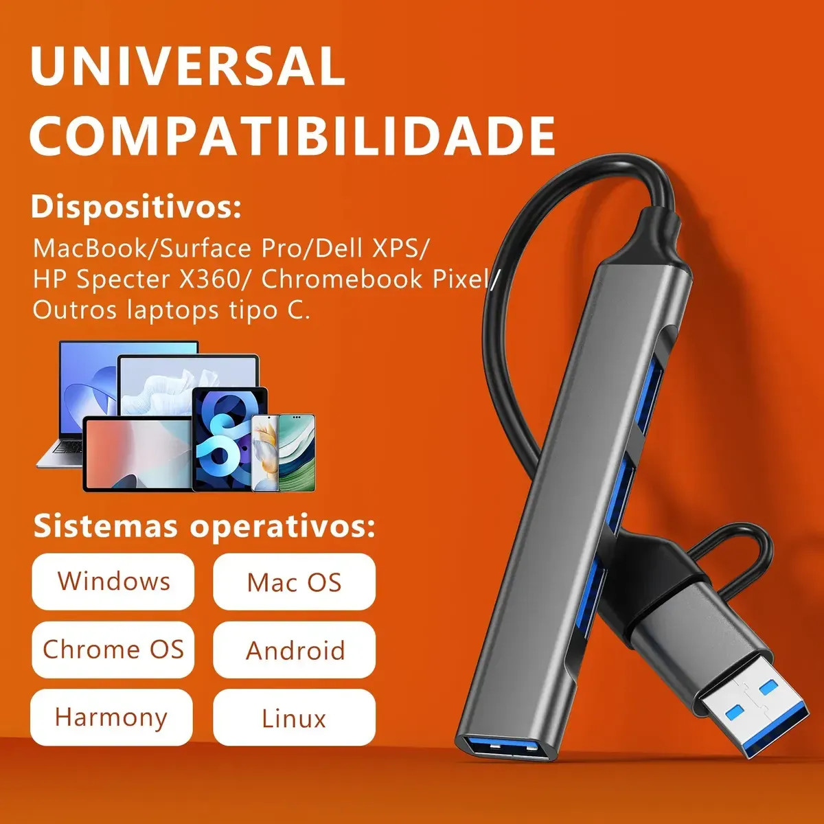 Hub 2 Em 1 Entrada Tipo C 4 Portas Usb3.0 Usb2.0 Hub Alumíni — foto 6 de 7