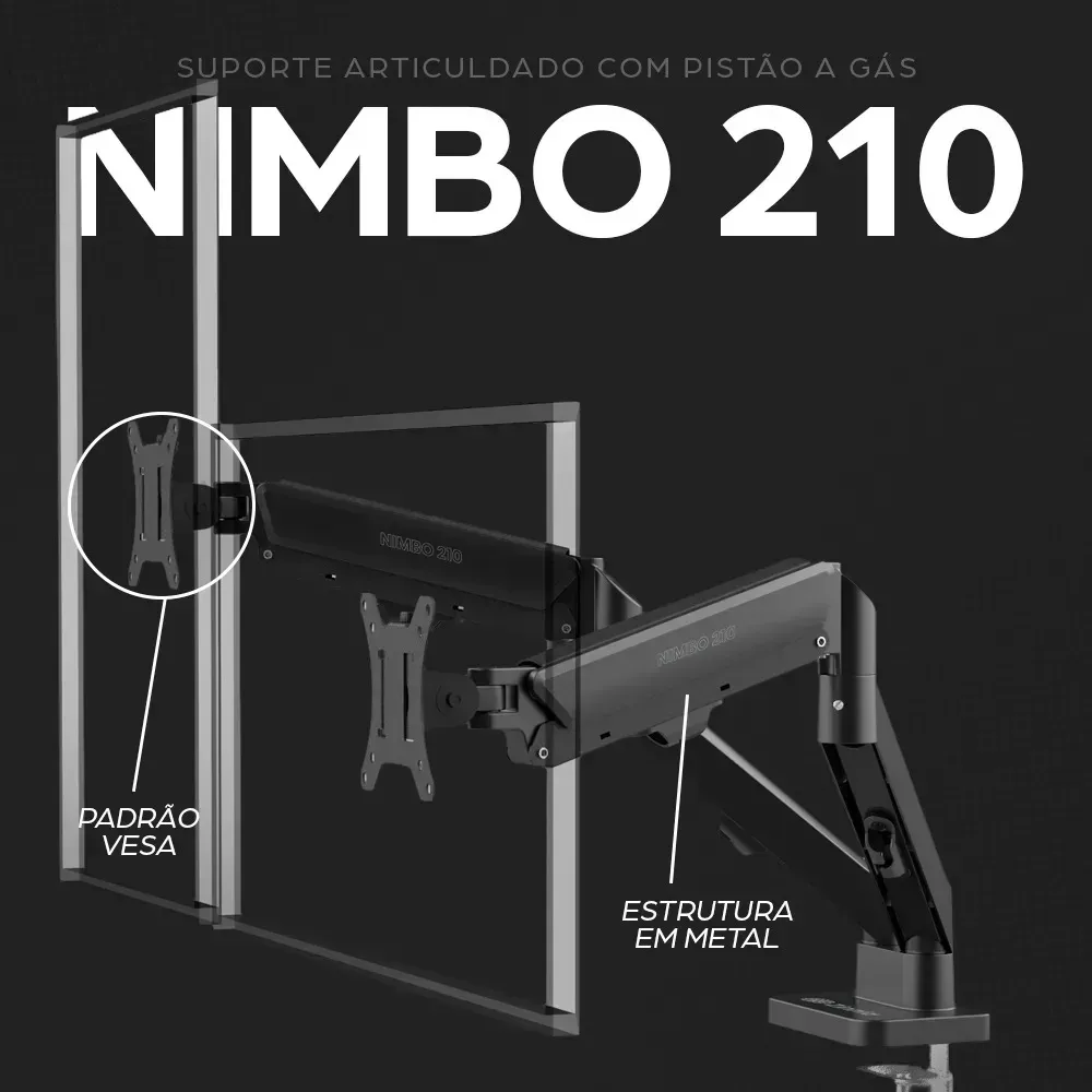 Suporte Articulado com Pistão a Gás Para Dois Monitores Zinnia Nimbo 210 Preto 13 a 32 Pol com Braços Articulados e Design Discreto — foto 5 de 7