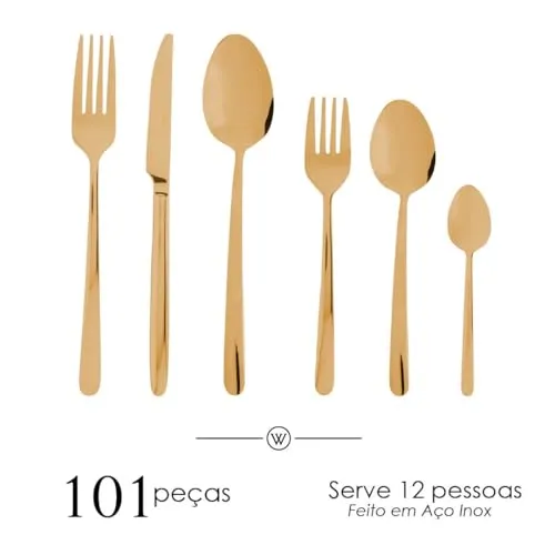 WOLFF Faqueiro de Aço Inox Viena Dourado 101 Peças Com Caixa Litografada - Jogos de Talheres - Mesa Posta - Utensílios de Cozinha, Enxoval, Casamento, Decoração — foto 2 de 6