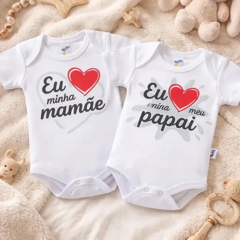 Body Bebê Frase Eu Amo Papai Mamãe 100% Algodão Kit 2pç Cor Branco Tamanho P - 0 a 3 meses — foto 2 de 8