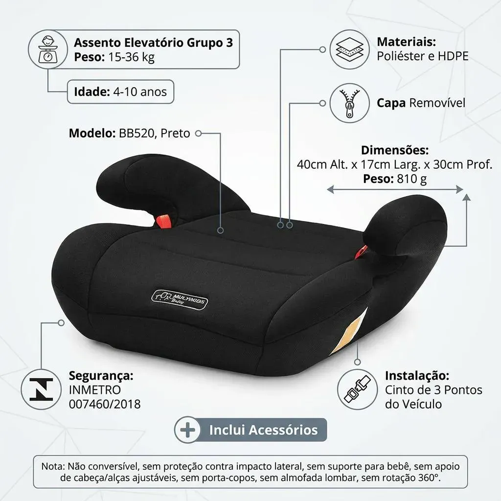 Assento de Carro Infantil Elevação Booster BB520 15 à 36kgs Preto MultiKids — foto 5 de 8