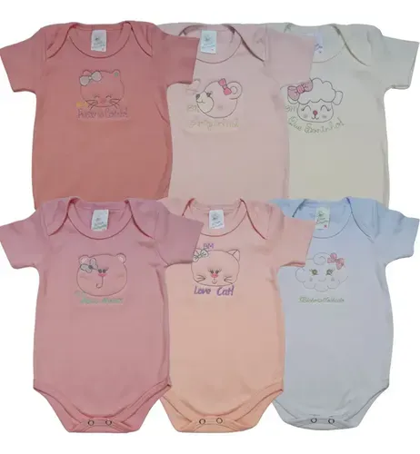 Kit Body Bebê 6 Peça Manga Curta Bor. Bicho Molhado Menina