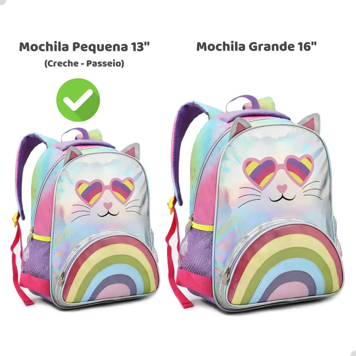 Mochila Escolar Menina Rosa Denlex Gatinha Holográfica Bolsos — foto 4 de 8