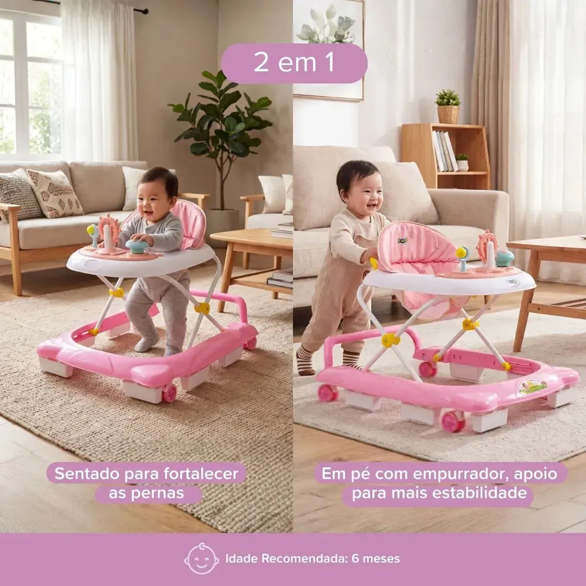Andador Infantil Musical Para Bebê Empurrador Compacto 3 Ajustes de Altura La Bamba Maxi Baby - Rosa — foto 7 de 7