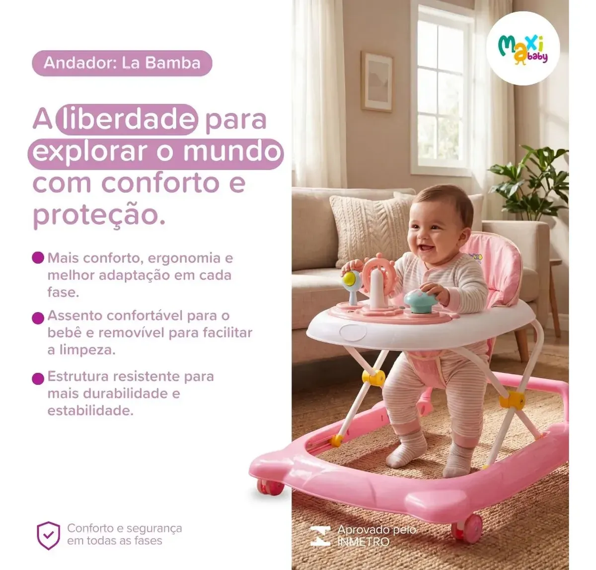 Andador Infantil Musical Para Bebê Empurrador Compacto 3 Ajustes de Altura La Bamba Maxi Baby - Rosa — foto 6 de 7