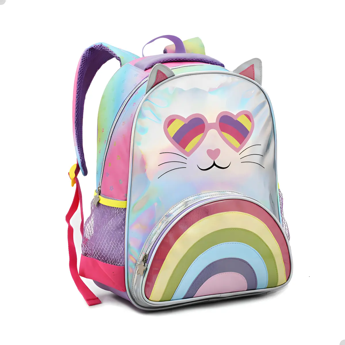 Mochila Escolar Menina Rosa Denlex Gatinha Holográfica Bolsos — foto 3 de 8