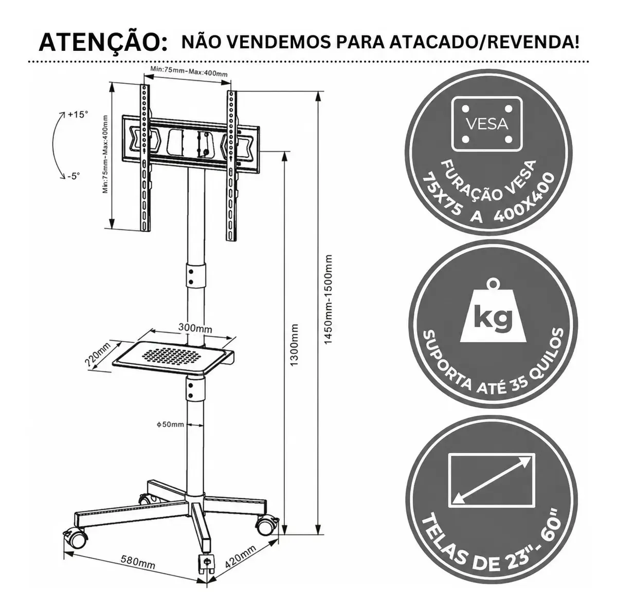 Suporte Pedestal Para Tv De 23 A 60 Com Rodinhas Bandeja Cor Preto — foto 6 de 7