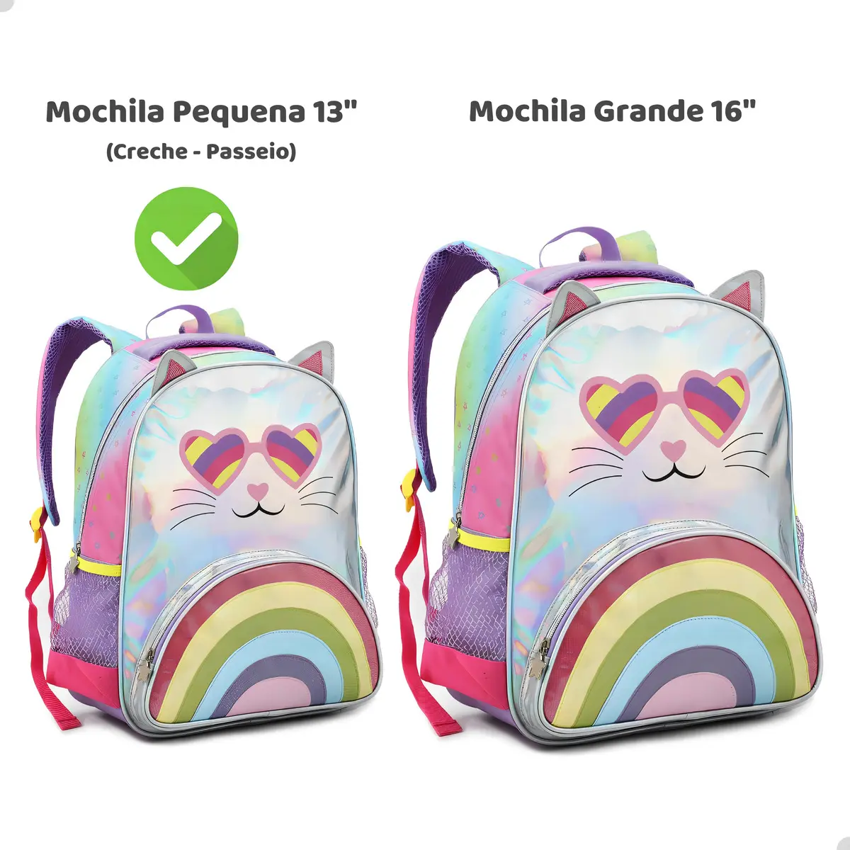 Mochila Escolar Menina Rosa Denlex Gatinha Holográfica Bolsos — foto 5 de 8