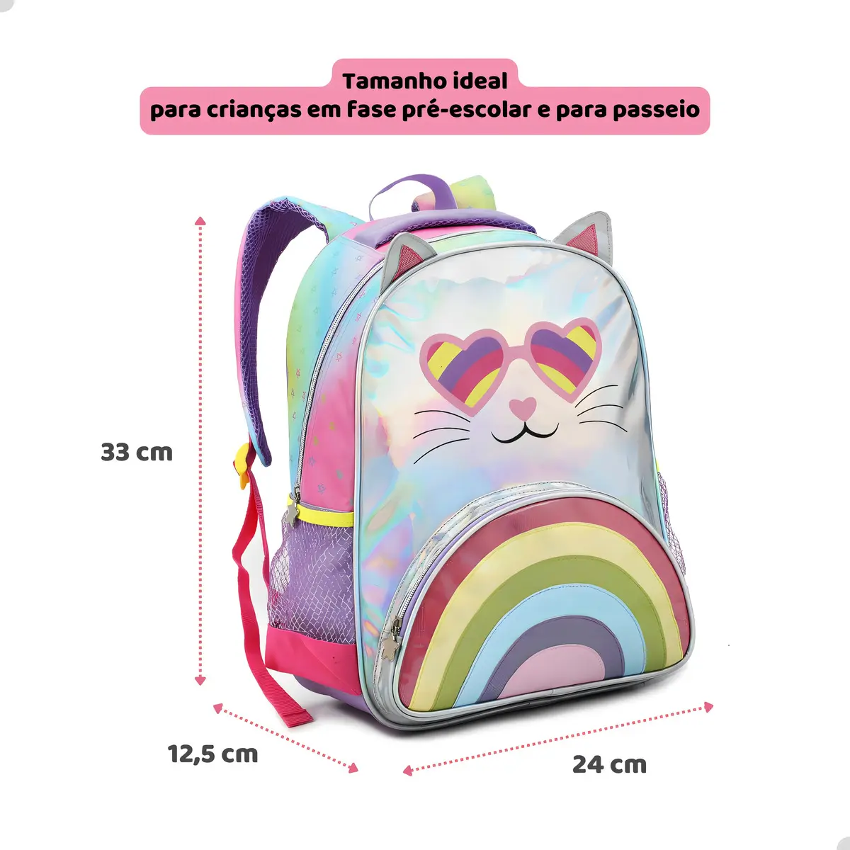 Mochila Escolar Menina Rosa Denlex Gatinha Holográfica Bolsos — foto 7 de 8