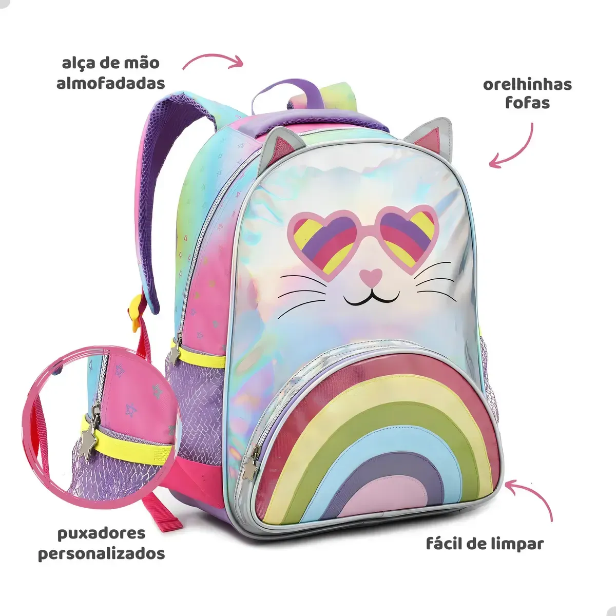 Mochila Escolar Menina Rosa Denlex Gatinha Holográfica Bolsos — foto 8 de 8