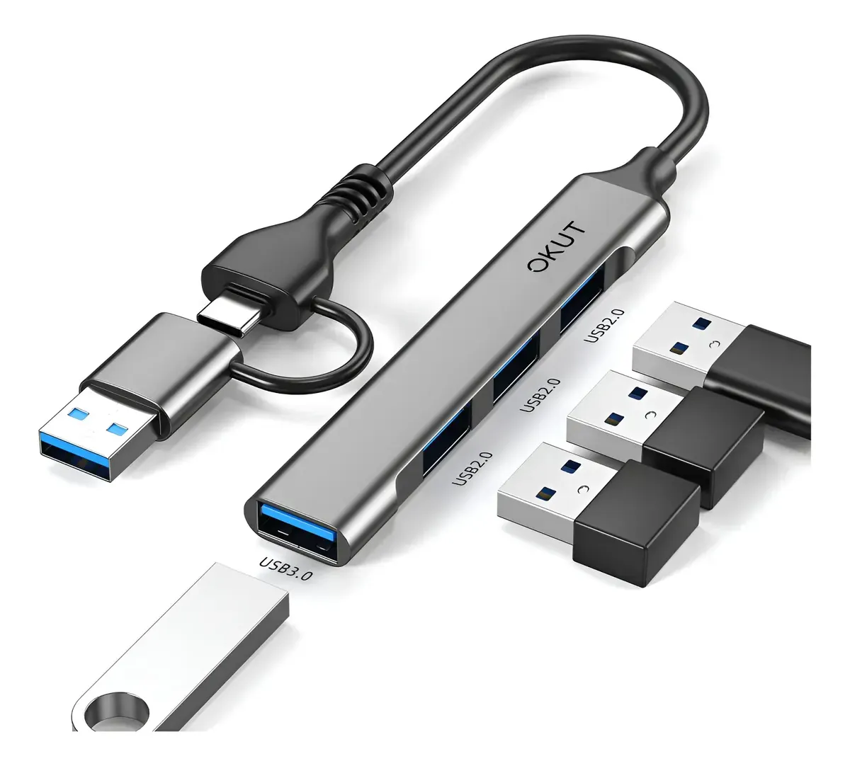 Hub 2 Em 1 Entrada Tipo C 4 Portas Usb3.0 Usb2.0 Hub Alumíni