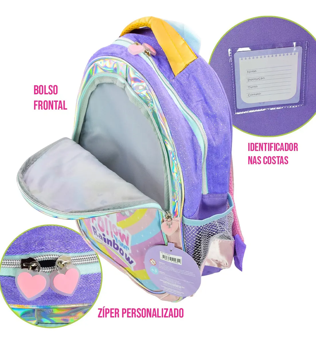 Mochila Escolar Denlex Juvenil Lilás 17L Unicórnio Grande Infantil — foto 7 de 8