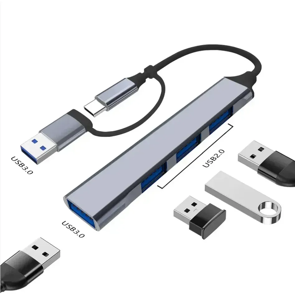 Adaptador Hub Tipo C 4 Em 1 Usb 3.0 Usb-c Entrada Dupla Usb Ou Usb C Com 4 Portas Usb — foto 4 de 8