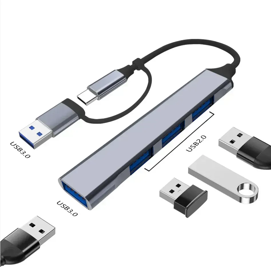 Adaptador Hub Tipo C 4 Em 1 Usb 3.0 Usb-c Entrada Dupla Usb Ou Usb C Com 4 Portas Usb — foto 5 de 8