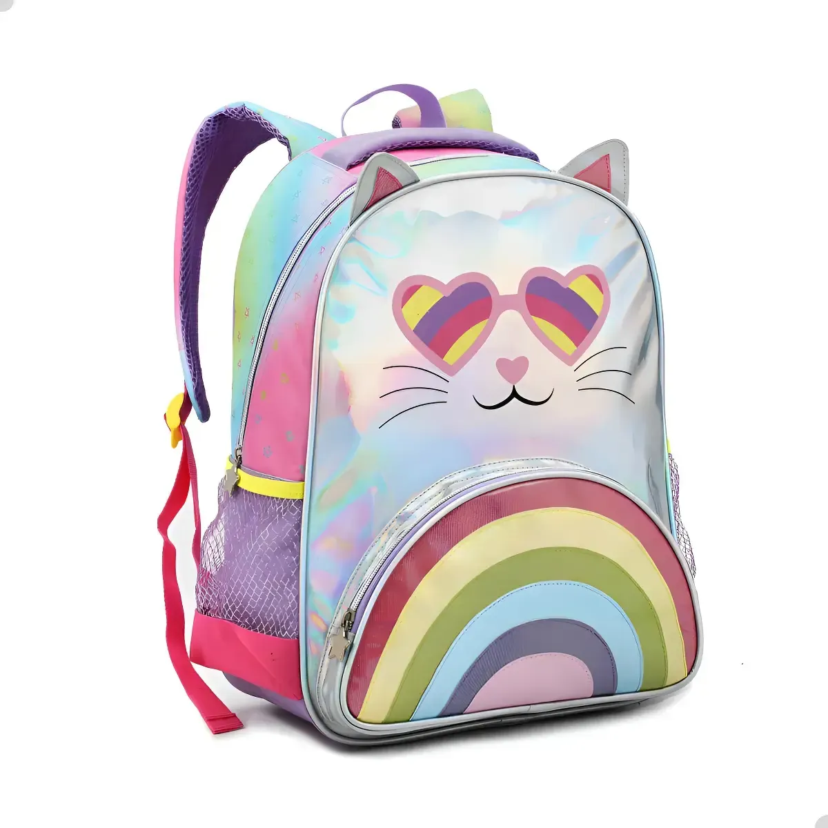Mochila Escolar Menina Rosa Denlex Gatinha Holográfica Bolsos — foto 2 de 8