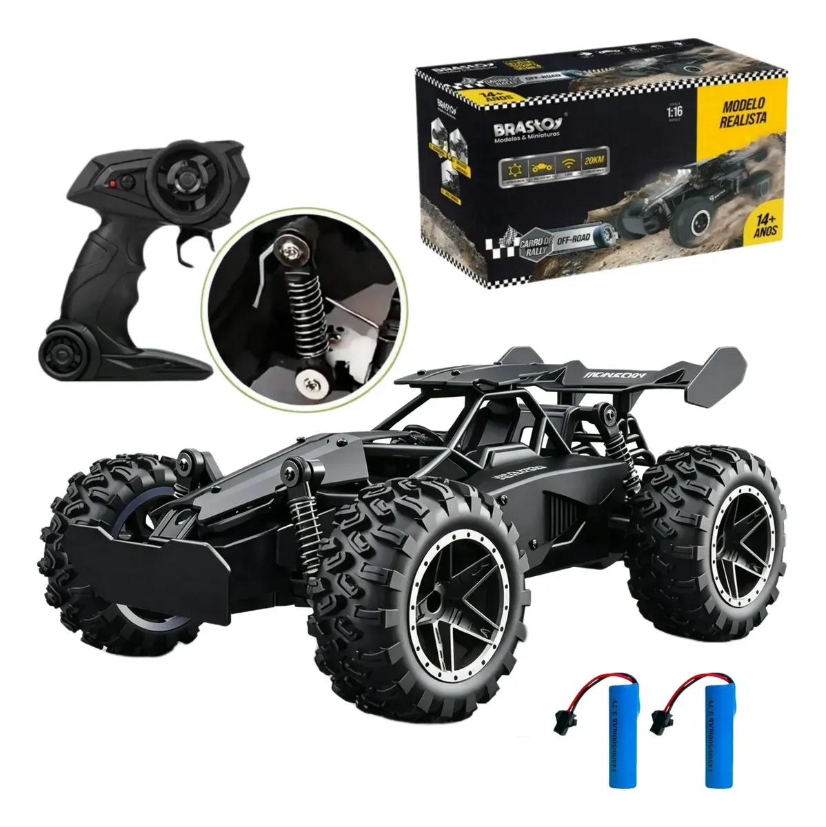 Carrinho Controle Remoto Recarregável Grande Off Road Cross Preto 2 x Baterias-Brastoy