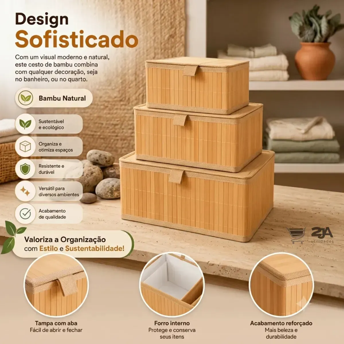 Kit 3 Caixas Organizadoras de Bambu com Tampa: P, M e G para Casa — foto 6 de 8
