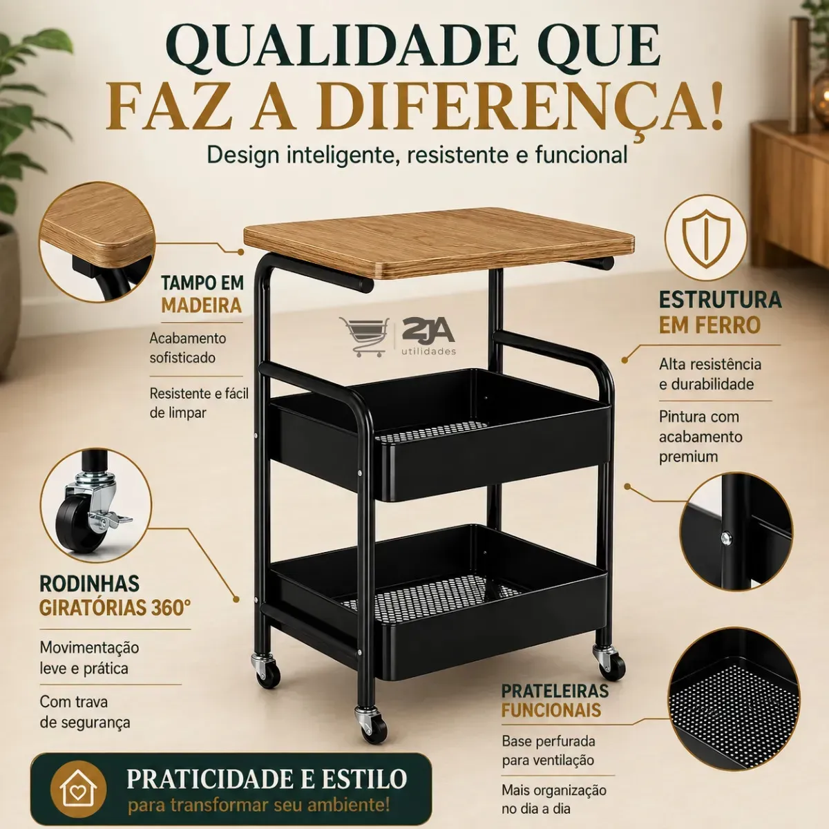 Carrinho Organizador Multiuso de Metal com Tampo de Madeira e 3 Prateleiras para Cozinha — foto 7 de 8