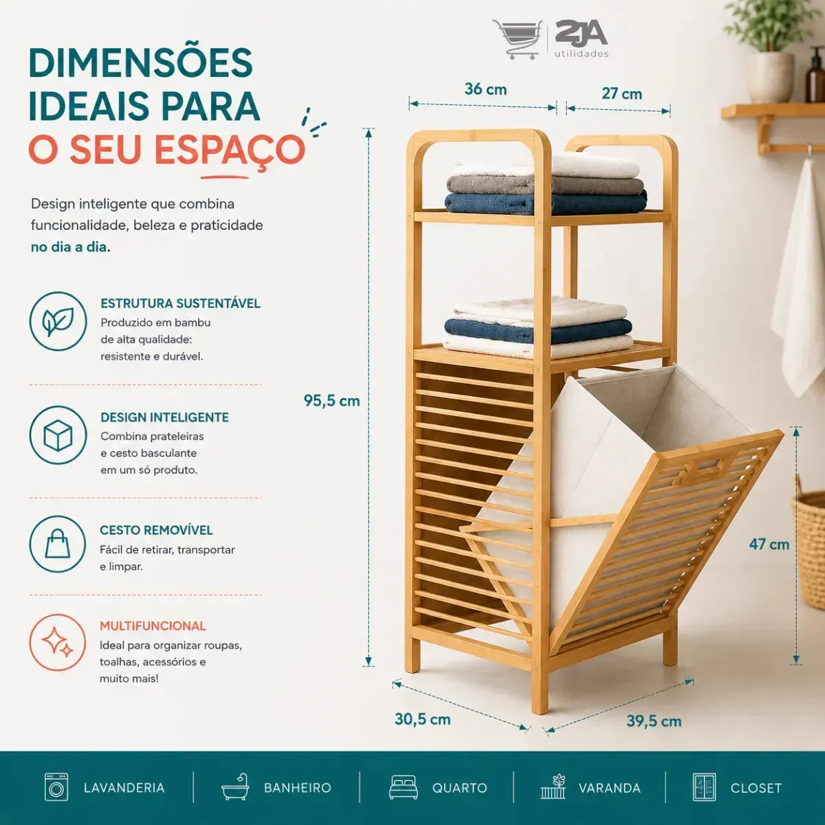 Cesto De Roupa Em Bambu Inclinável Com Prateleiras Multiuso Bambu — foto 8 de 8