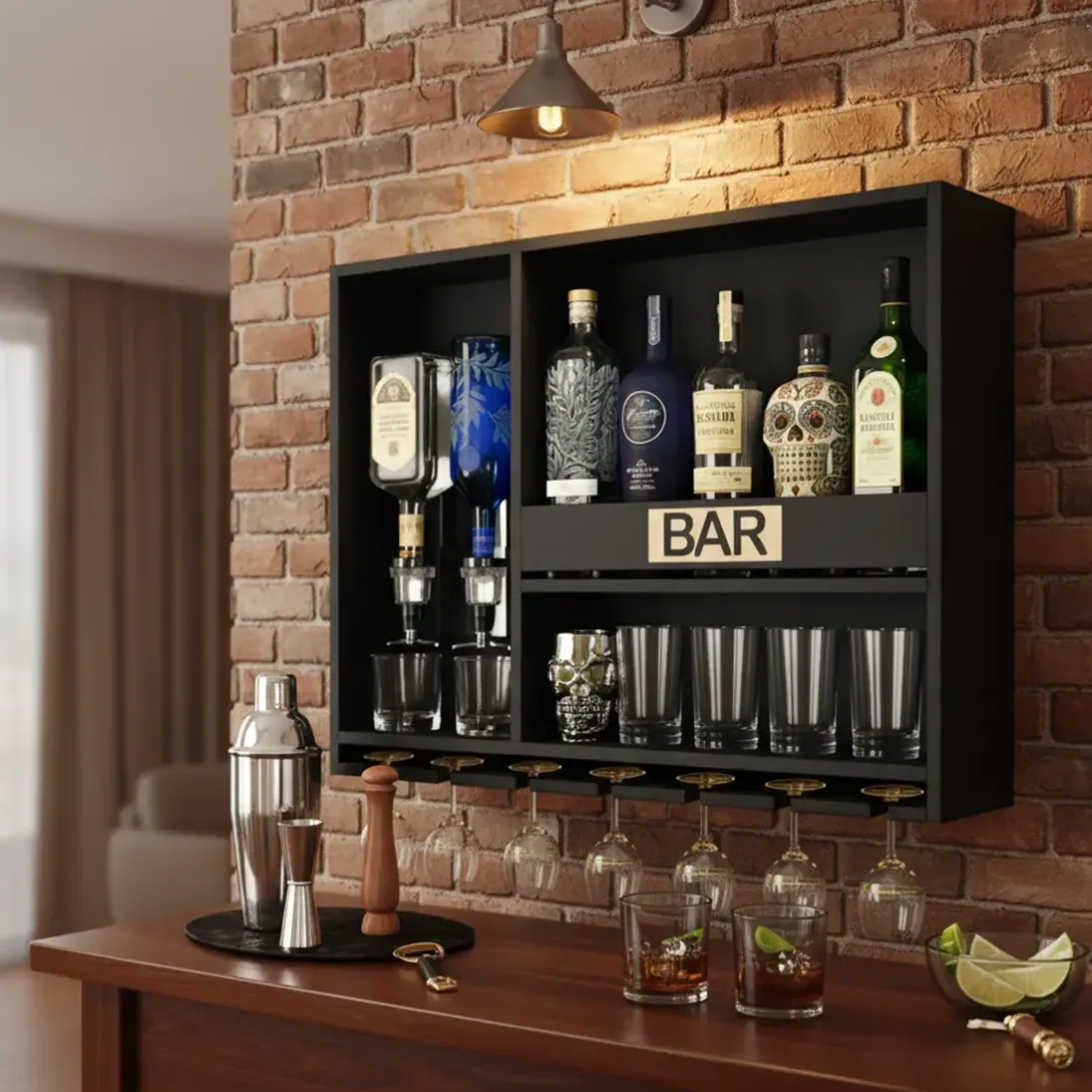 Adegashow ® - Barzinho Parede Bar Adega Suspensa Porta Taças Porta Copos Suporte Bebidas Aparador Sala Decoração Cantinho Churrasco Área Gourmet Com 2 Dosadores Automáticos Preto Fosco — foto 2 de 8