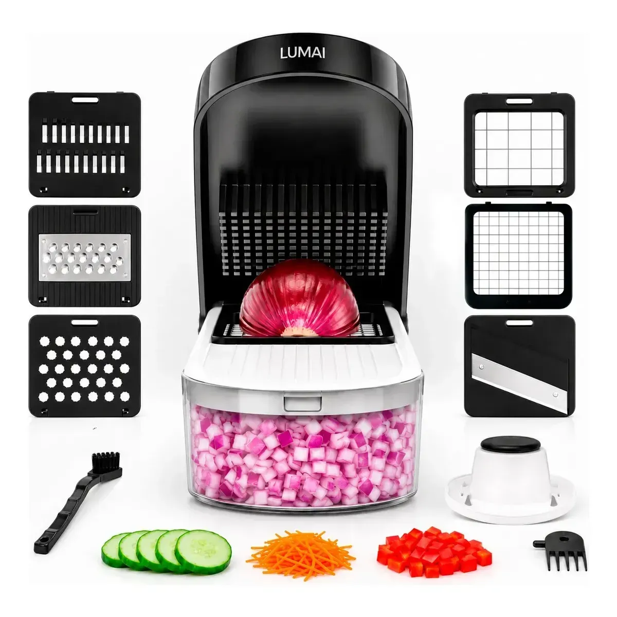 LUMAI Cortador Ralador de Legumes Queijos Vegetais e Frutas 6 Em 1, Mandolin Mandoline Fatiador Picador Processador, Utensilio Acessórios Para Cozinha, Recipiente Robusto 1,2L, Lâminas de Aço Inox — foto 2 de 7