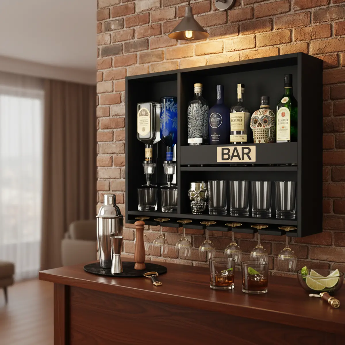 Adegashow ® - Barzinho Parede Bar Adega Suspensa Porta Taças Porta Copos Suporte Bebidas Aparador Sala Decoração Cantinho Churrasco Área Gourmet Com 2 Dosadores Automáticos Preto Fosco — foto 3 de 8