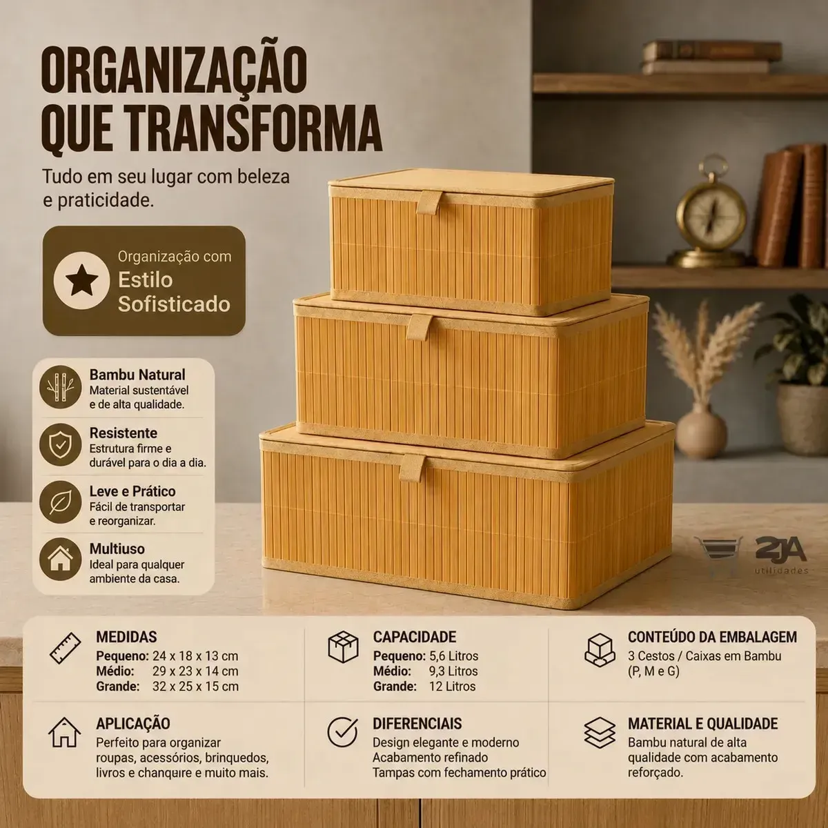 Kit 3 Caixas Organizadoras de Bambu com Tampa: P, M e G para Casa — foto 4 de 8