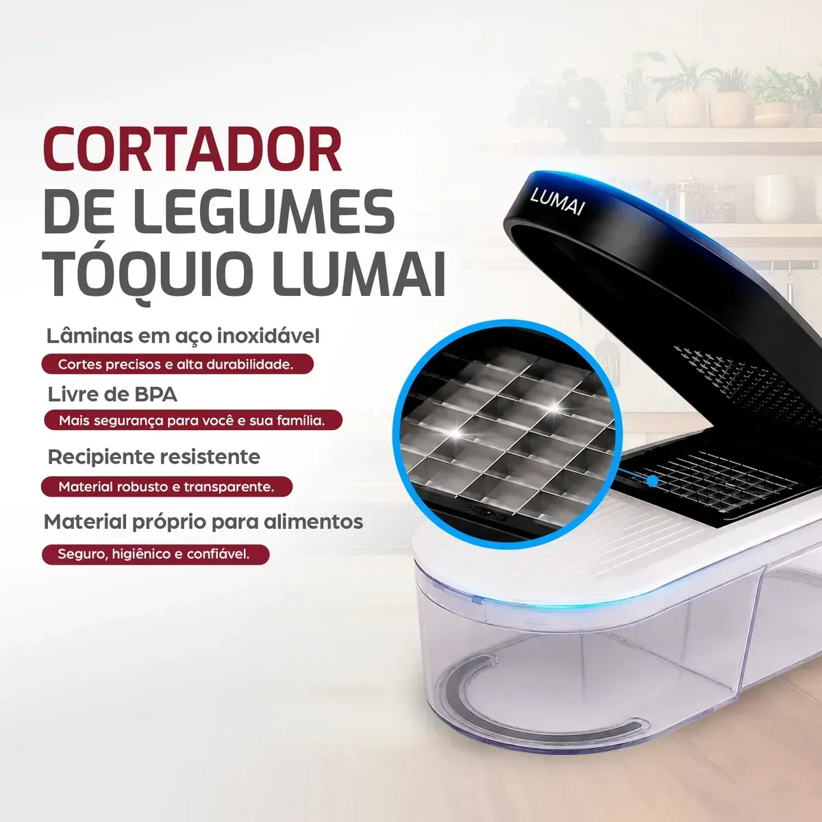 LUMAI Cortador Ralador de Legumes Queijos Vegetais e Frutas 6 Em 1, Mandolin Mandoline Fatiador Picador Processador, Utensilio Acessórios Para Cozinha, Recipiente Robusto 1,2L, Lâminas de Aço Inox — foto 5 de 7