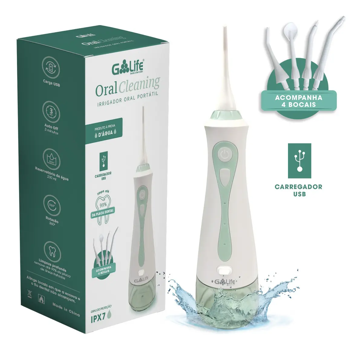 Irrigador Oral Portátil G-Life 230ml 3 Níveis de Pressão Recarregável
