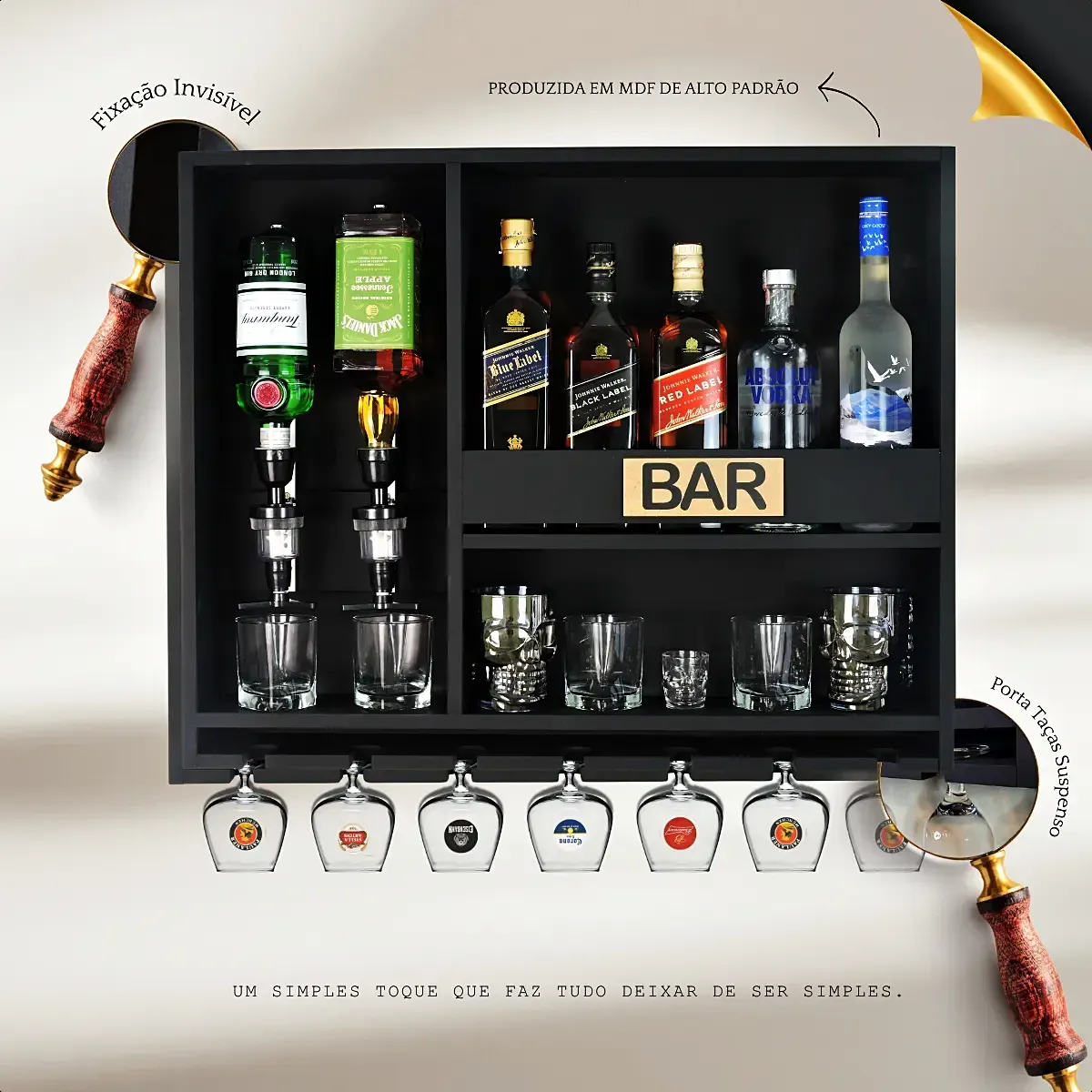 Adegashow ® - Barzinho Parede Bar Adega Suspensa Porta Taças Porta Copos Suporte Bebidas Aparador Sala Decoração Cantinho Churrasco Área Gourmet Com 2 Dosadores Automáticos Preto Fosco — foto 8 de 8