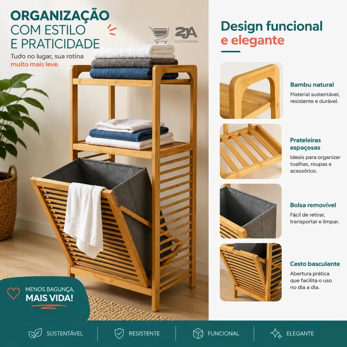 Cesto De Roupa Em Bambu Inclinável Com Prateleiras Multiuso Bambu — foto 7 de 8