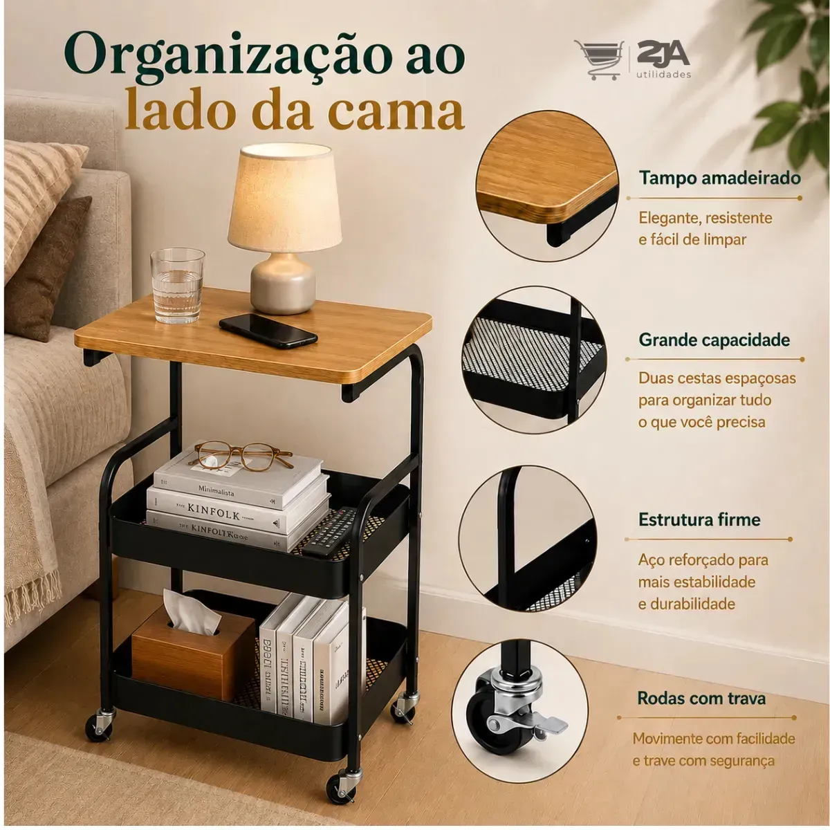 Carrinho Organizador Multiuso de Metal com Tampo de Madeira e 3 Prateleiras para Cozinha — foto 8 de 8