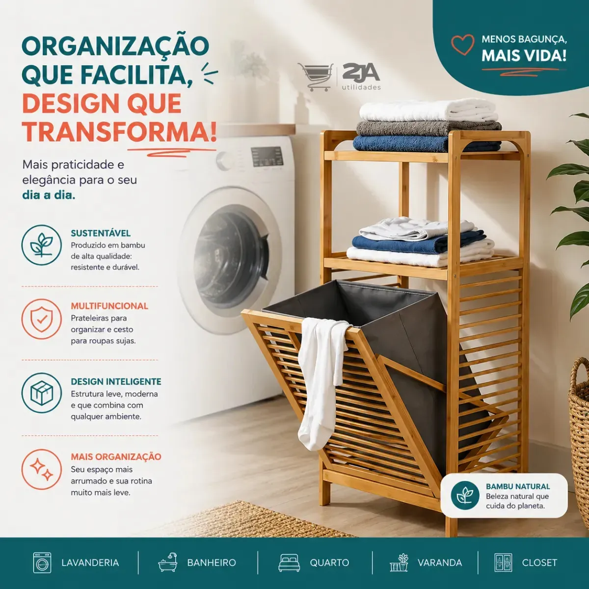 Cesto De Roupa Em Bambu Inclinável Com Prateleiras Multiuso Bambu — foto 5 de 8