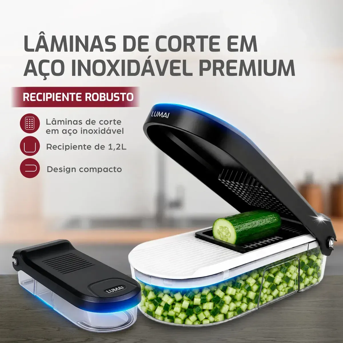 LUMAI Cortador Ralador de Legumes Queijos Vegetais e Frutas 6 Em 1, Mandolin Mandoline Fatiador Picador Processador, Utensilio Acessórios Para Cozinha, Recipiente Robusto 1,2L, Lâminas de Aço Inox — foto 7 de 7