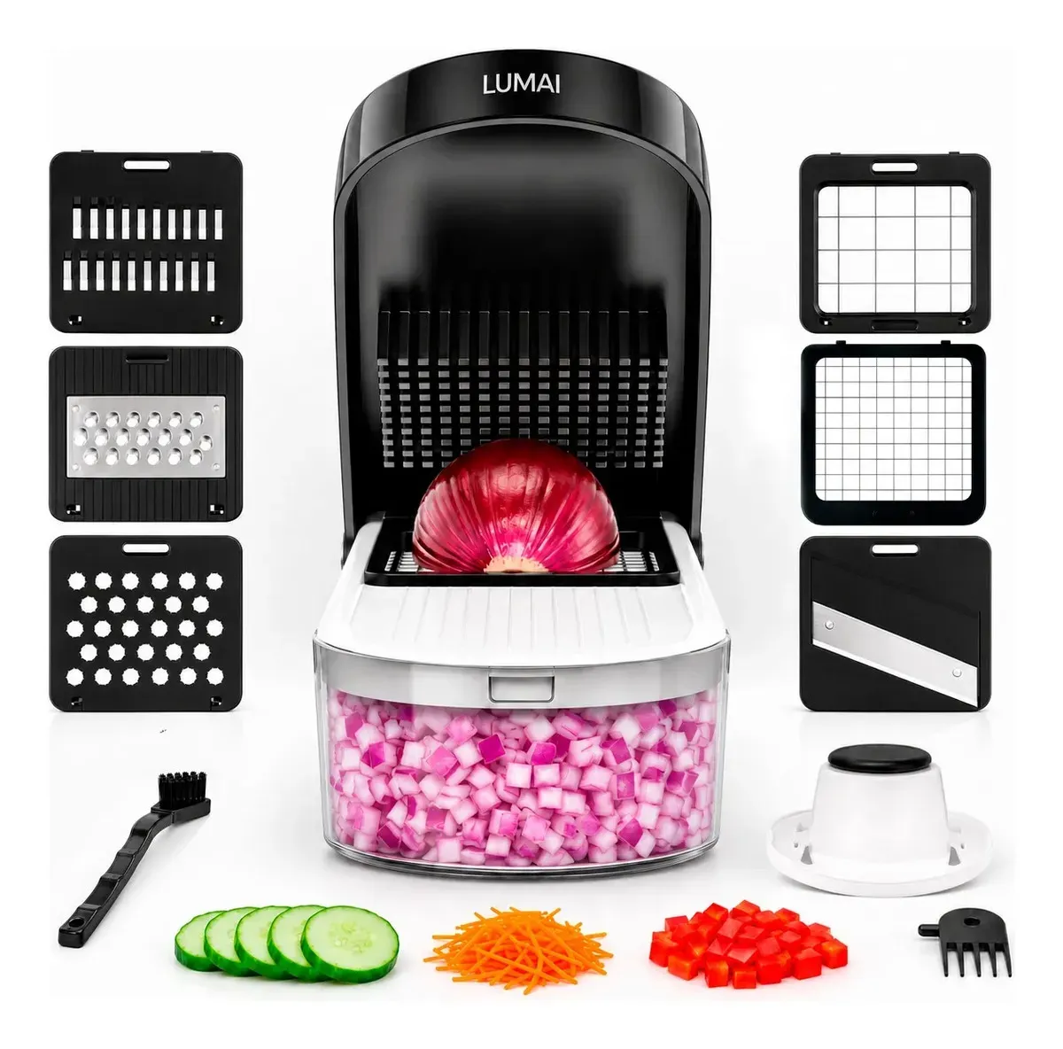 LUMAI Cortador Ralador de Legumes Queijos Vegetais e Frutas 6 Em 1, Mandolin Mandoline Fatiador Picador Processador, Utensilio Acessórios Para Cozinha, Recipiente Robusto 1,2L, Lâminas de Aço Inox