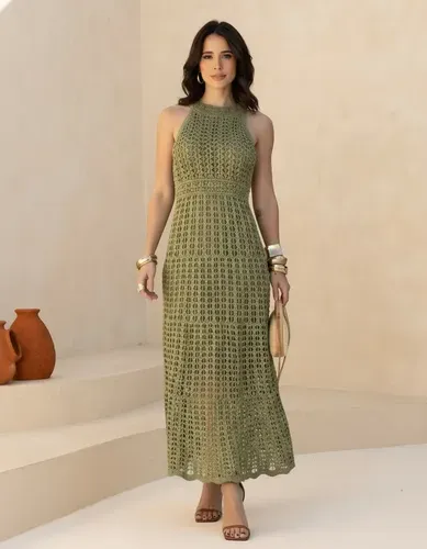 Vestido Lt Tricot Midi Feminino Sem Manga Elegante Moda